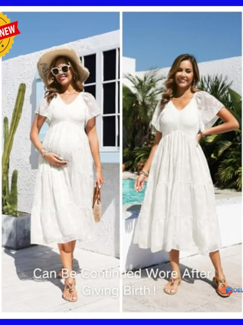 Maternity Midi Dress Flutter Sleeve Smocked Top A-Line Casual Summer - Picture 5 of 7